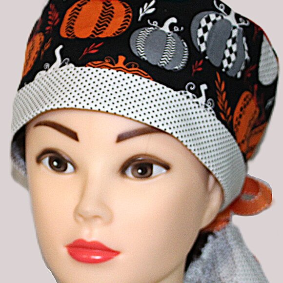 Womens Night Pumpkins Ponytail Scrub Cap, Handmade NWOT - Picture 3 of 7